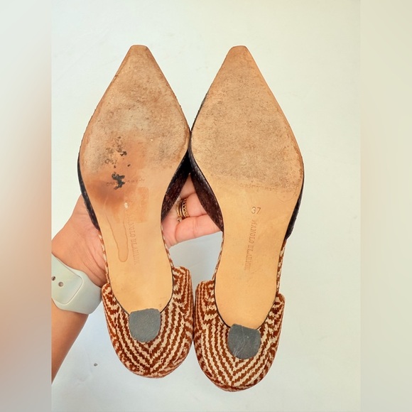 Manolo Blahnik Copper Brown Snakeskin Chevron Fabric D'Orsay Tyler Pump EU 37 - Picture 7 of 9